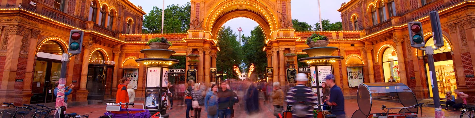Tivoli Gardens featuring heritage architecture, rides and a city