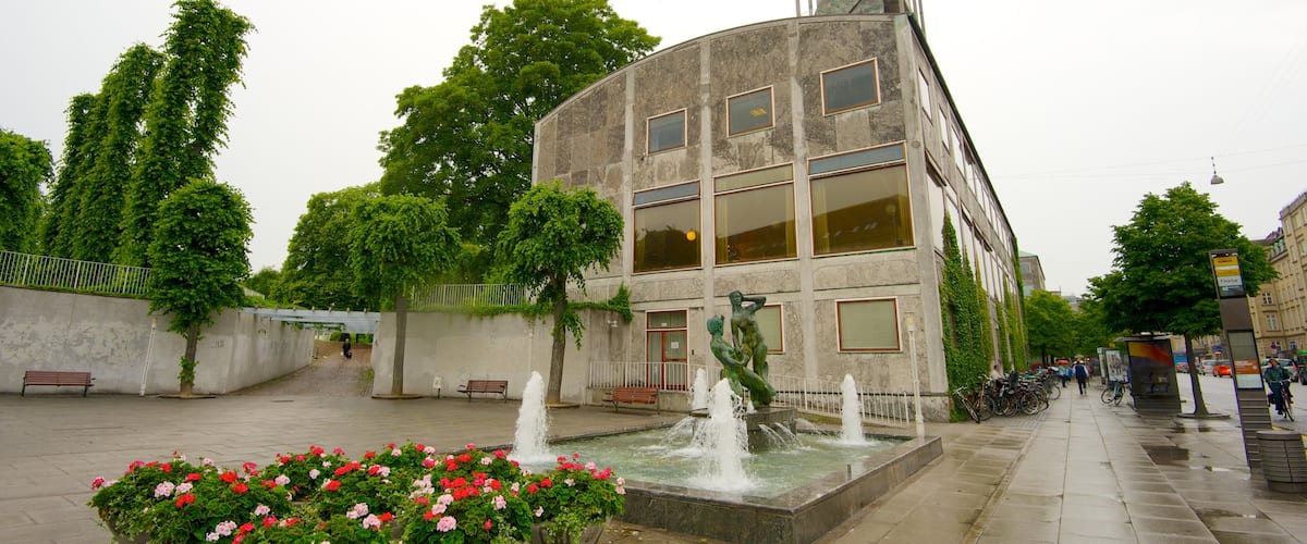 Aarhus City Hall which includes a fountain, flowers and street scenes