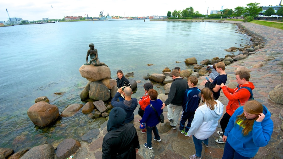 La Sirenita ofreciendo una bahía o puerto, una estatua o escultura y vistas generales de la costa