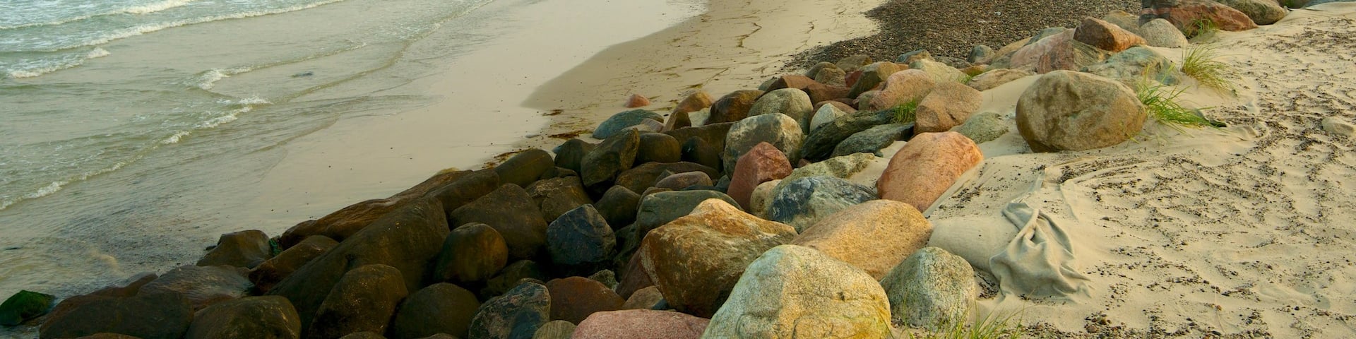 Grenen which includes rocky coastline and a sandy beach