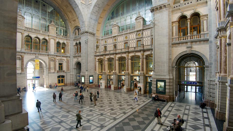 Antwerp Central Station showing interior views, railway items and heritage architecture