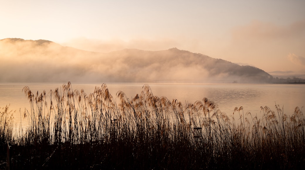 Oishi Park featuring a sunset, a lake or waterhole and mist or fog