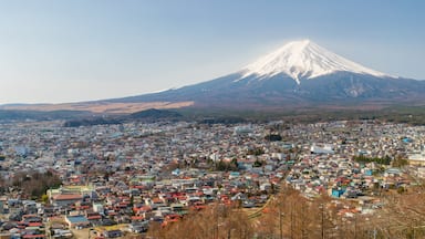 Fujikawaguchiko which includes landscape views, mountains and a city