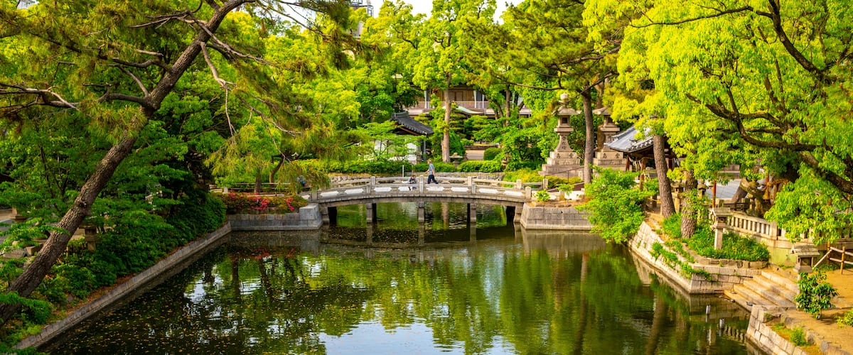 Sumiyoshi Taisha Shrine showing a bridge and a pond