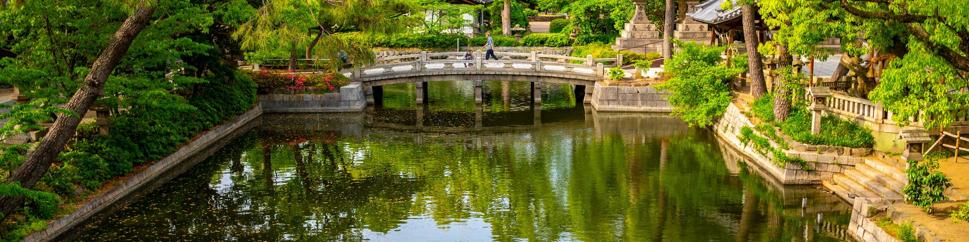 Sumiyoshi Taisha Shrine showing a bridge and a pond