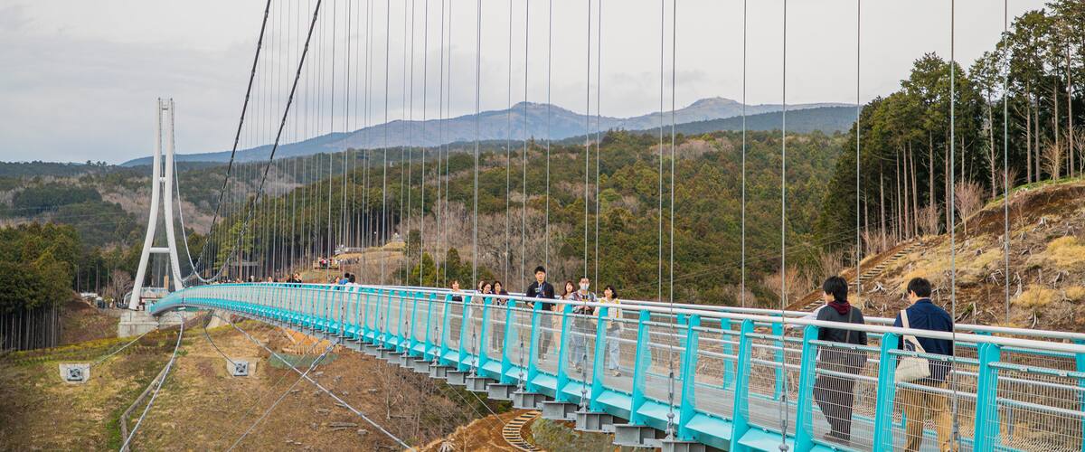 Mishima Sky Walk featuring a bridge and landscape views as well as a small group of people