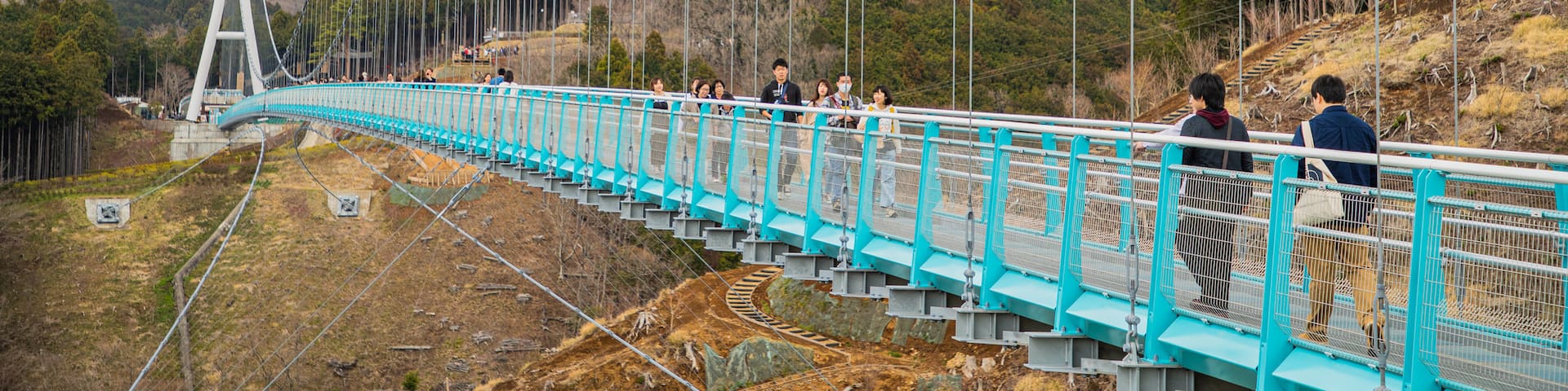 Mishima Sky Walk featuring a bridge and landscape views as well as a small group of people