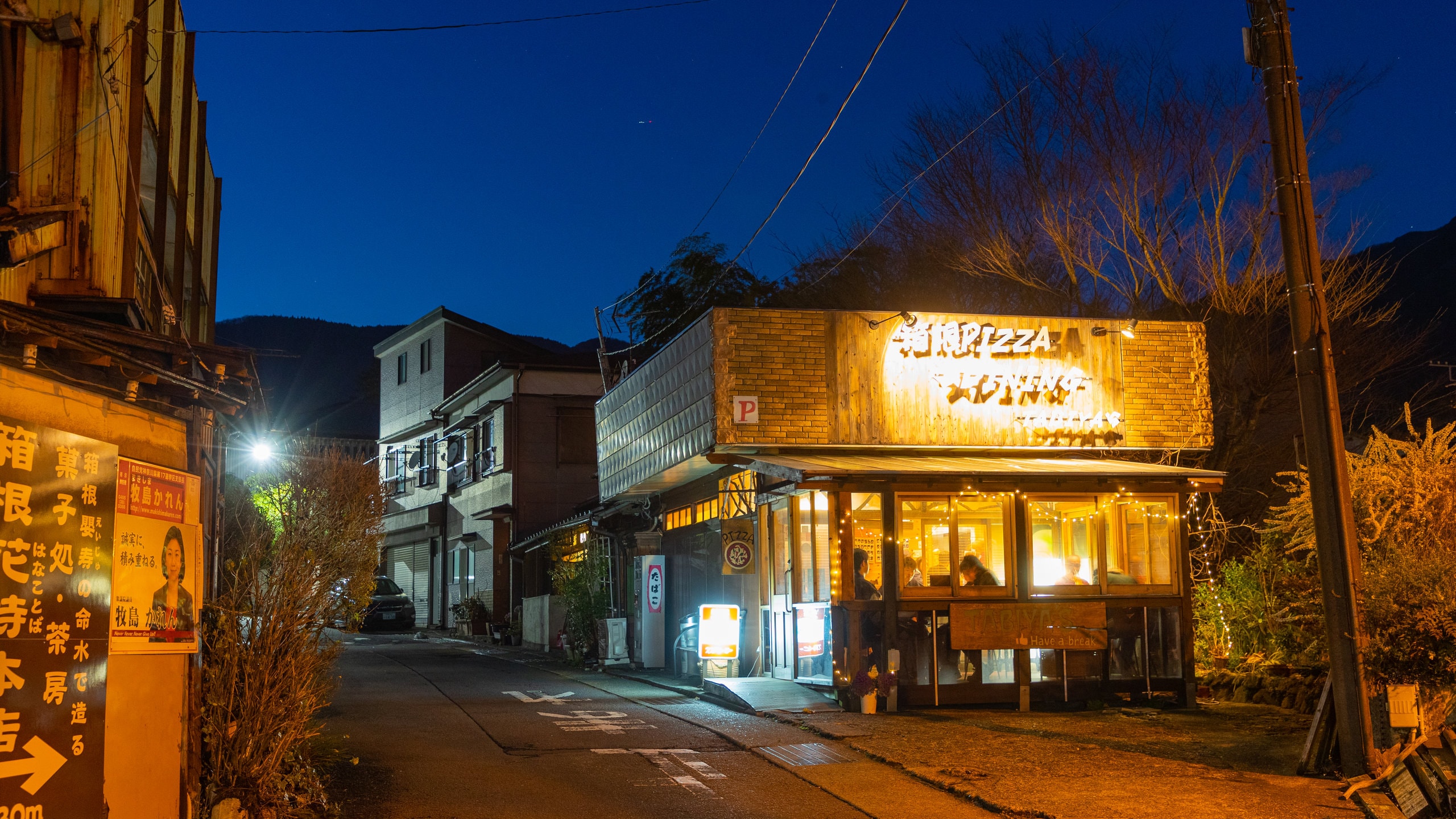 Hakone featuring signage and night scenes