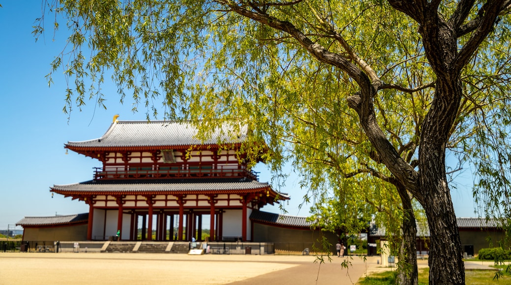 Suzakumon Gate showing heritage elements, a square or plaza and a temple or place of worship