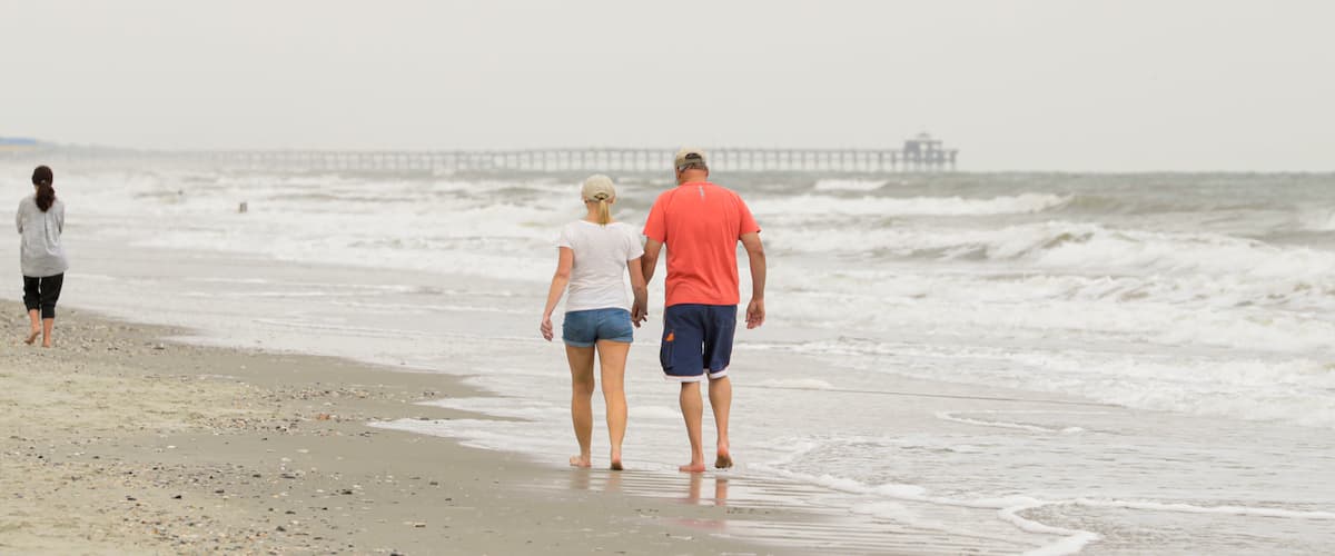 Cherry Grove Pier featuring general coastal views and a beach as well as a couple