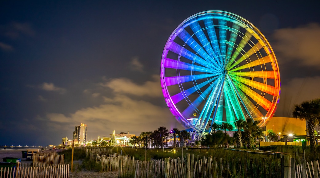 SkyWheel Myrtle Beach showing night scenes, a coastal town and rides