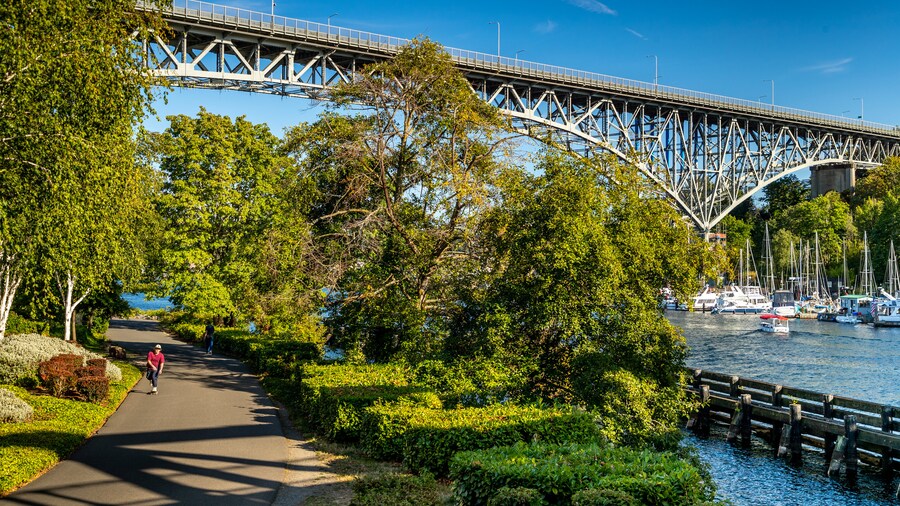 Scenic view of Fremont neighborhood with waterfront and bridge in Seattle, Washington.