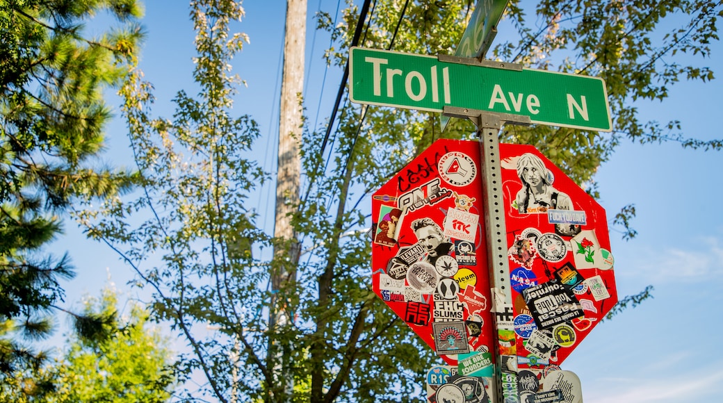 Fremont Troll featuring outdoor art and signage