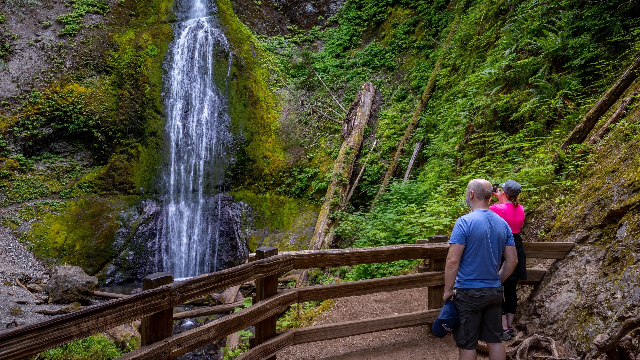 Marymere Falls which includes a waterfall as well as a couple