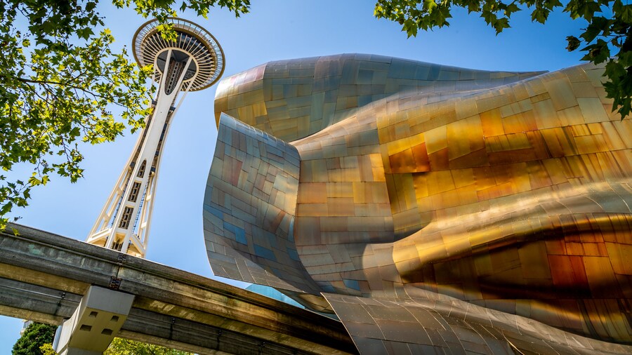 Museum of Pop Culture with Frank Gehry-designed architecture and Space Needle in Seattle, Washington.