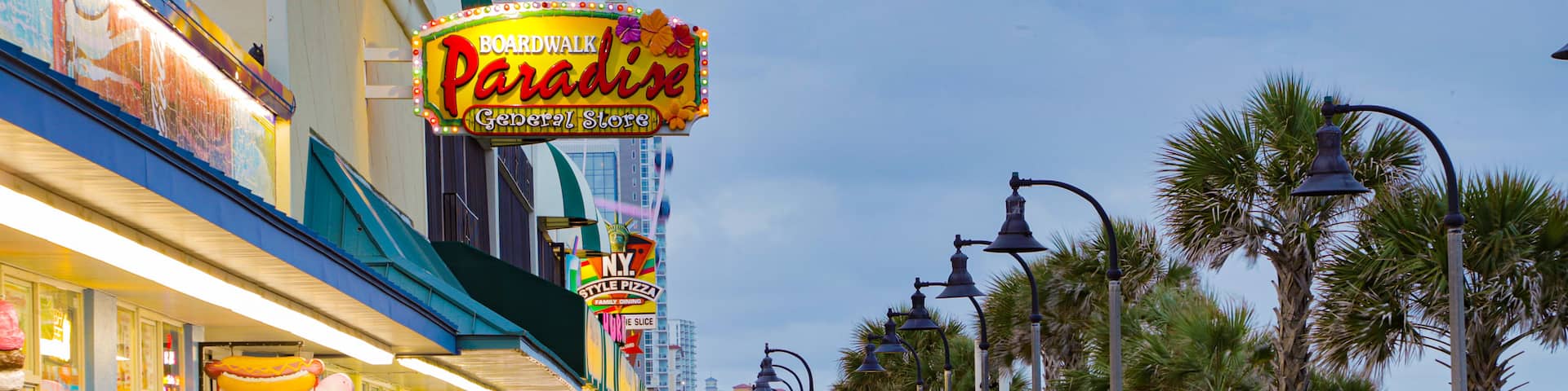 Myrtle Beach Boardwalk which includes night scenes and street scenes