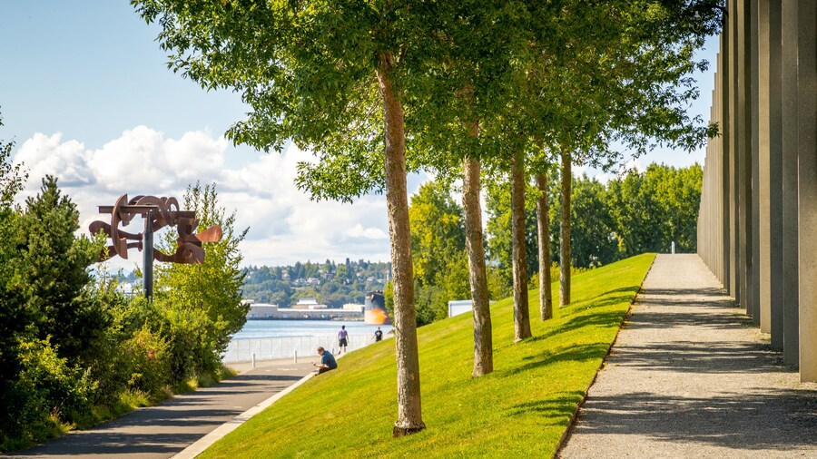Pathways and sculptures at Olympic Sculpture Park with waterfront views in Seattle, Washington.