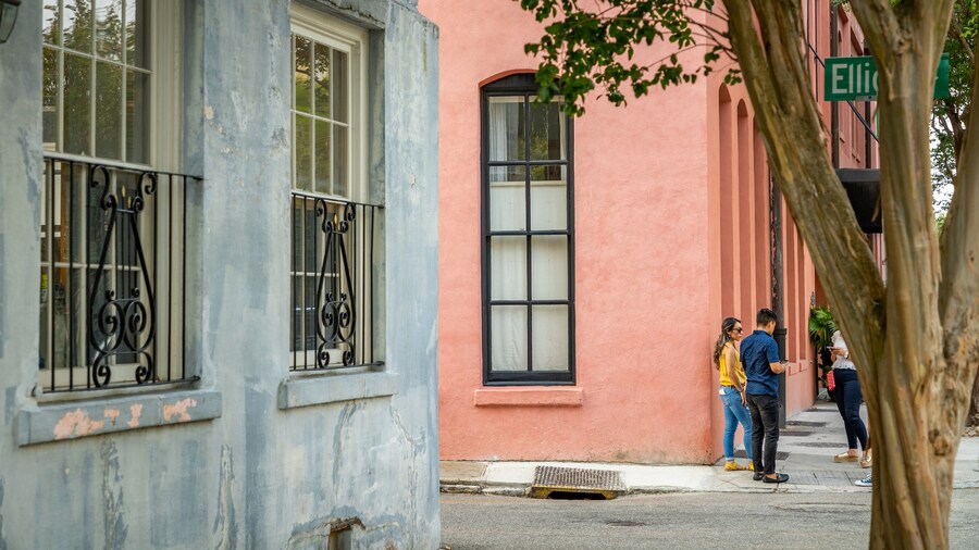 Pastel-colored Georgian homes on Rainbow Row in Charleston.