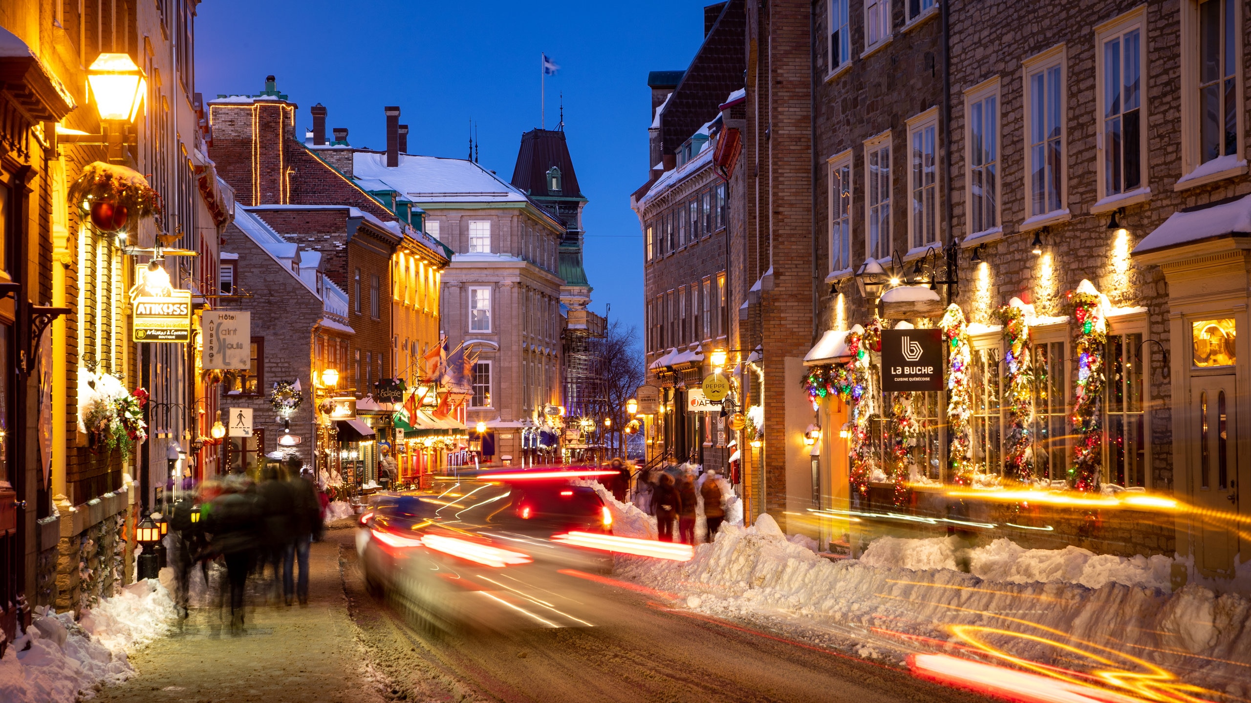 Old Quebec showing night scenes, a city and street scenes