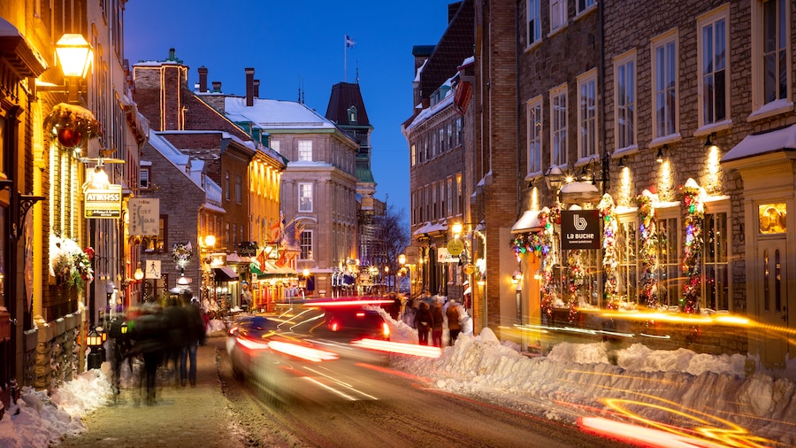 Old Quebec showing night scenes, a city and street scenes