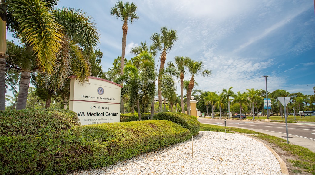 Bay Pines VA Medical Center featuring signage and a garden