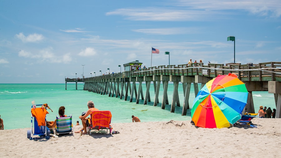 Venice Fishing Pier which includes a sandy beach and general coastal views as well as a couple