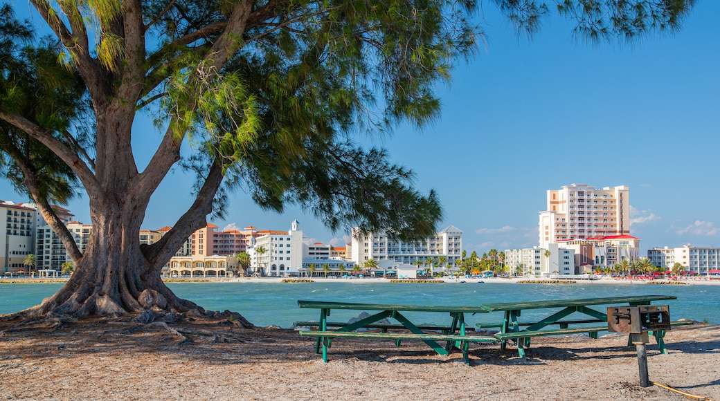 Clearwater Beach which includes a coastal town and a river or creek