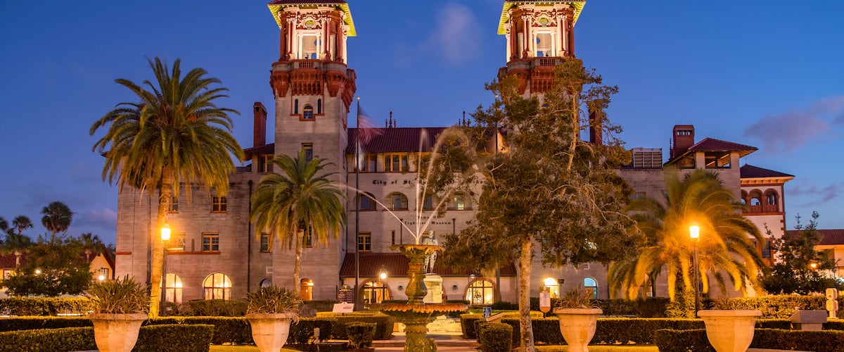 Downtown Historic District showing night scenes, heritage architecture and a fountain