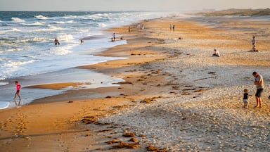 St. Augustine Beach showing a sandy beach and general coastal views as well as a family