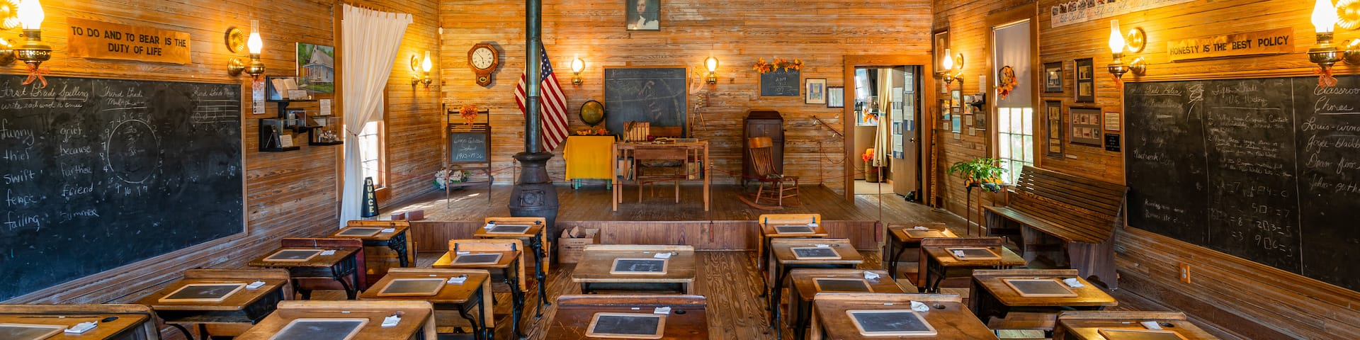 Camp Walton Schoolhouse Museum which includes interior views and heritage elements