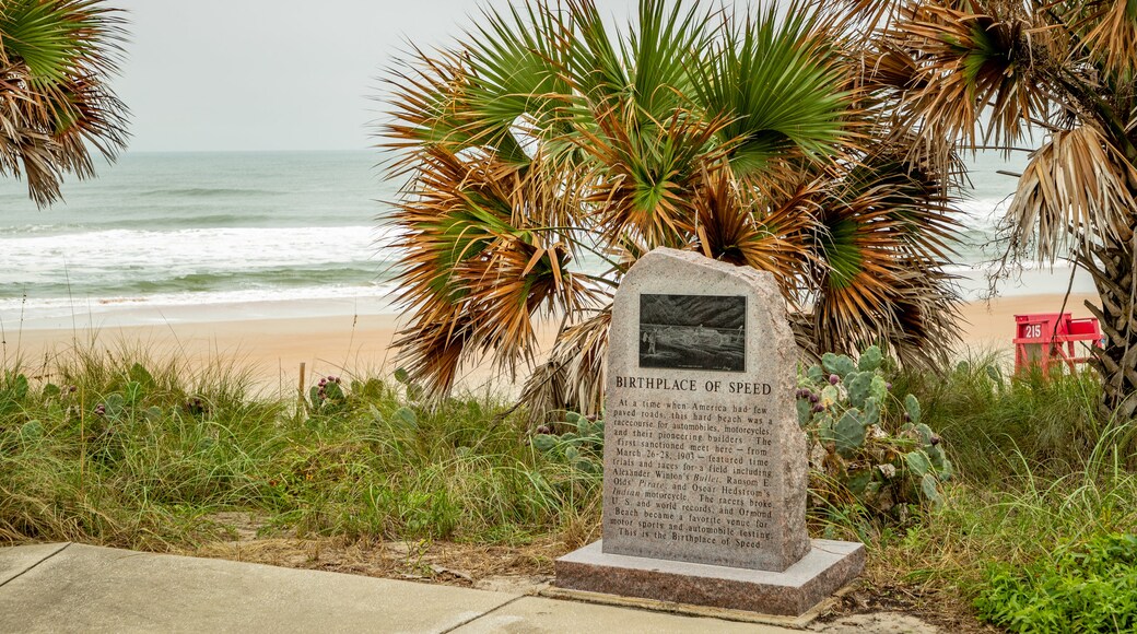 Birthplace of Speed Park showing signage, general coastal views and a memorial