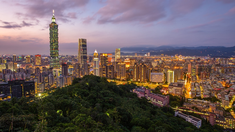 Elephant Mountain featuring night scenes, landscape views and a city