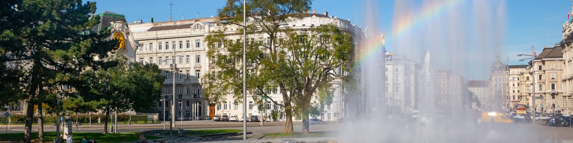 Soviet War Memorial which includes a fountain as well as a small group of people