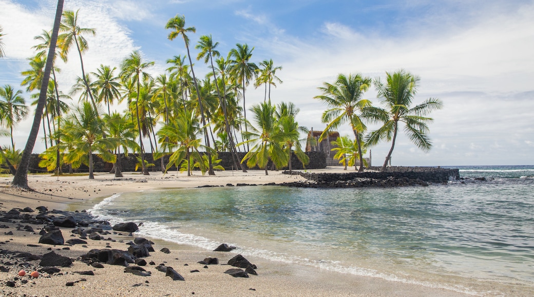 Pu\'uhonua o Honaunau National Historical Park featuring general coastal views, a sandy beach and tropical scenes