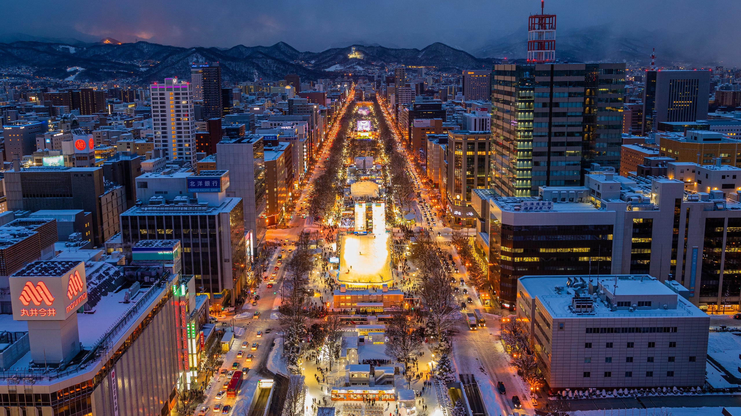 Sapporo TV Tower which includes night scenes, a city and landscape views