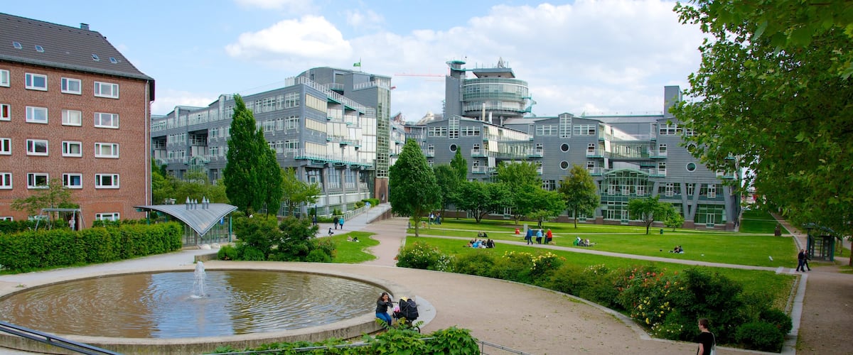 St. Michaelis Church featuring a garden, a fountain and a city