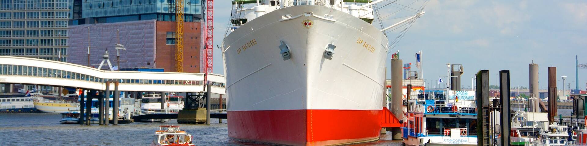 Cap San Diego which includes a marina, a city and a bay or harbour