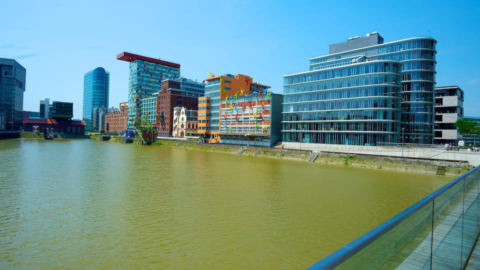 Duesseldorf-Hafen showing a bridge, a river or creek and a city
