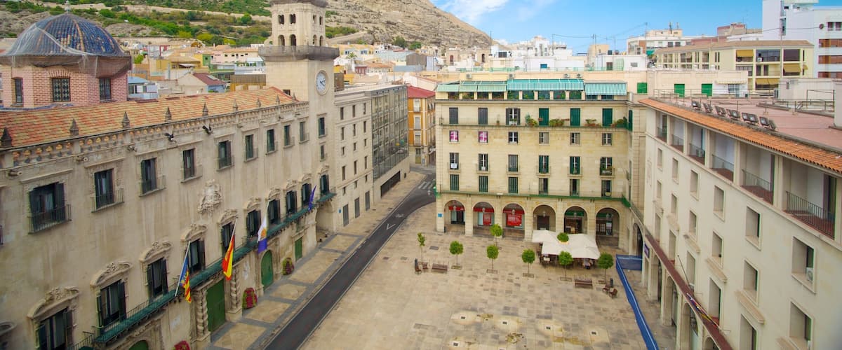 Ayuntamiento de Alicante mostrando patrimonio de arquitectura, un parque o plaza y una ciudad