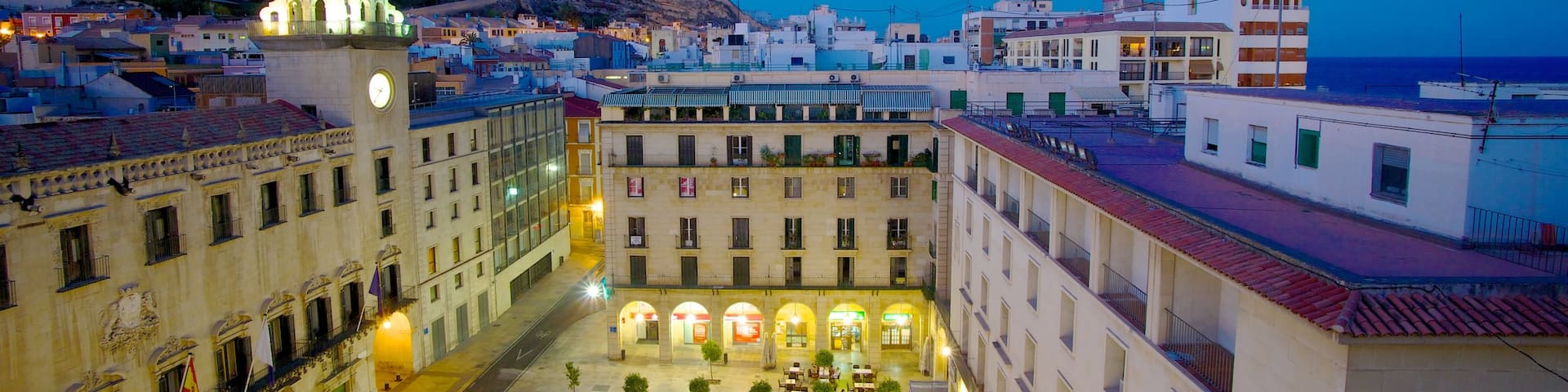 HĂŽtel de ville d\'Alicante mettant en vedette square ou place, ville et scĂšnes de nuit