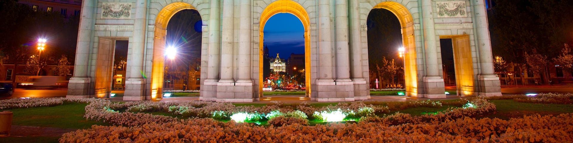 Puerta de Alcala which includes heritage architecture, flowers and night scenes