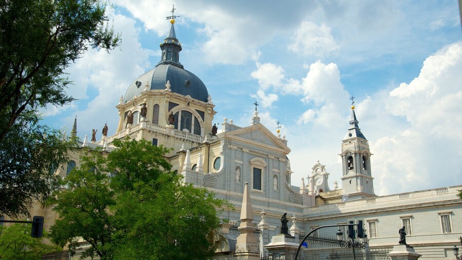 Exterior view of Almudena Cathedral in Madrid, showcasing neo-Gothic architecture.