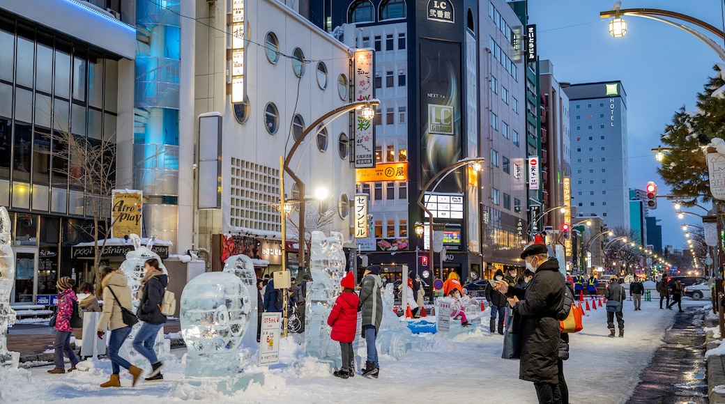 Susukino which includes street scenes, a city and outdoor art