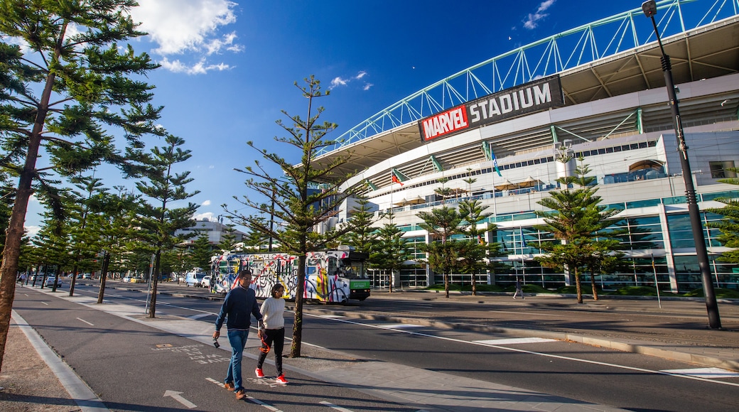 Marvel Stadium featuring street scenes and signage as well as a couple