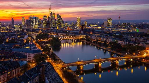 Frankfurt showing a river or creek, a city and night scenes