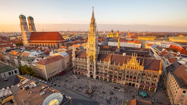 Marienplatz featuring landscape views, a city and a sunset