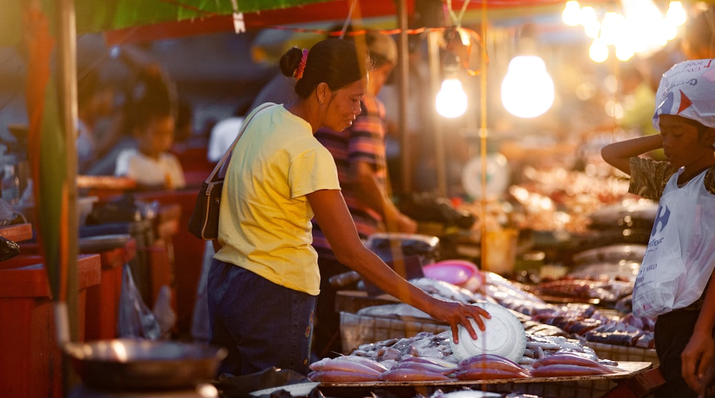 Kota Kinabalu Waterfront showing markets, food and night scenes