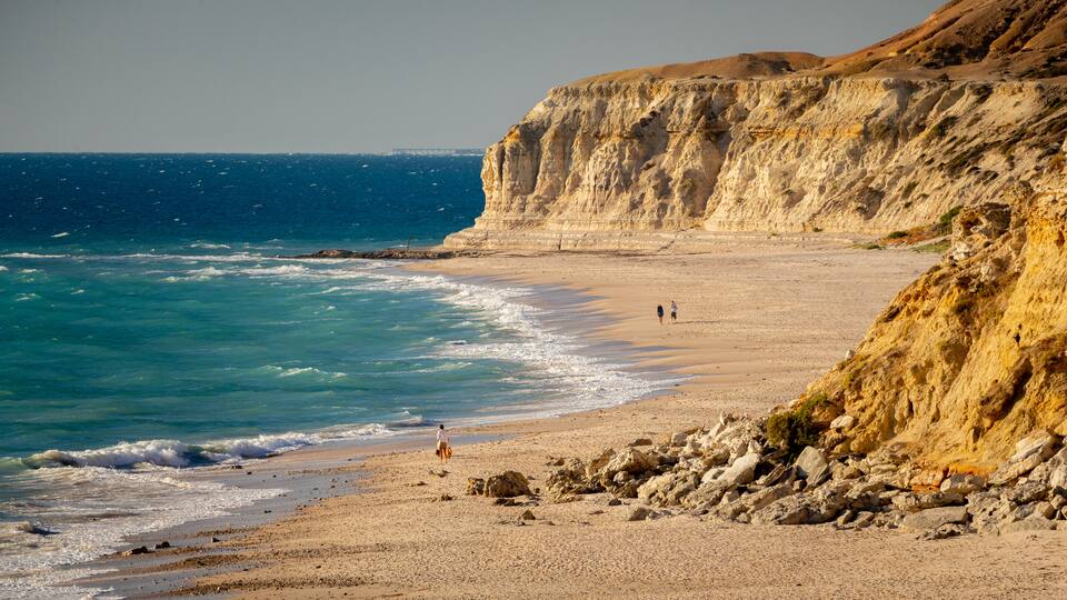 Port Willunga Beach featuring general coastal views, a sandy beach and rugged coastline