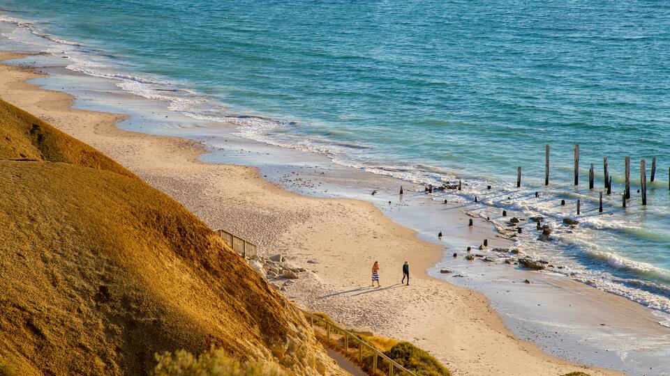 Port Willunga Beach showing a sandy beach and general coastal views as well as a couple