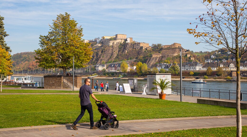 Altstadt Koblenz showing a river or creek and a park as well as an individual male